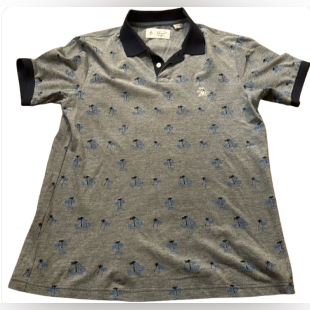 Men’s Original Penguin Golf Polo | Small | Grey &‎ blue palm tree design